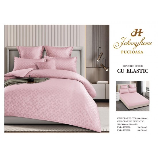 Lenjerie pat dublu, BUMBAC FINET, 6 piese, CAROURI cu ELASTIC, UNI, Roz, LFU-026 Lenjerii Finet 6 piese Uni cu ELASTIC