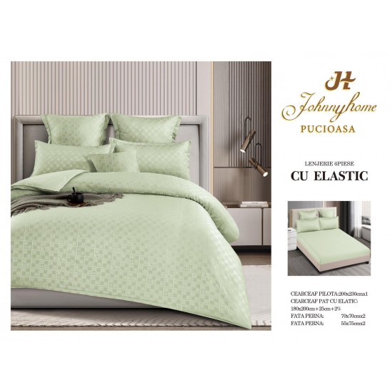 Lenjerie pat dublu, BUMBAC FINET, 6 piese, CAROURI cu ELASTIC, UNI, Vernil, LFU-027 Lenjerii Finet 6 piese Uni cu ELASTIC