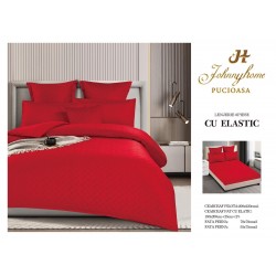 Lenjerie pat dublu, BUMBAC FINET, 6 piese, CAROURI cu ELASTIC, UNI, Rosu, LFU-029