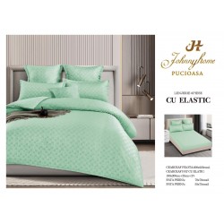 Lenjerie pat dublu, BUMBAC FINET, 6 piese, CAROURI cu ELASTIC, UNI, Fistic, LFU-034