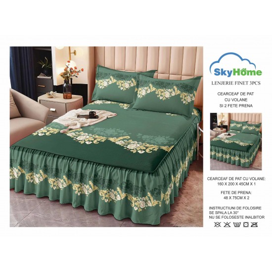 Cearsaf cu volanase, Bumbac FINET, plus  2 fete de perne 50x70cm, Verde-Galben, flori, LDBS-224 3 lenjerii la 199 lei