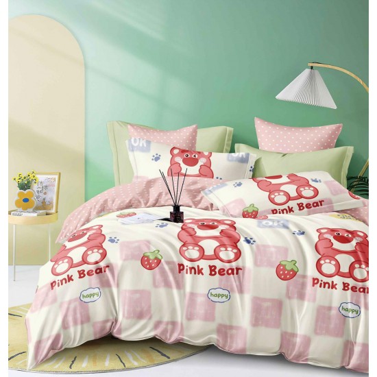 Set Lenjerie de Pat din Finet cu 2 Fete, 6 Piese, Pat 2 Persoane, Alb-Roz, pink bear, LDF-040 Lenjerii Finet 6 piese