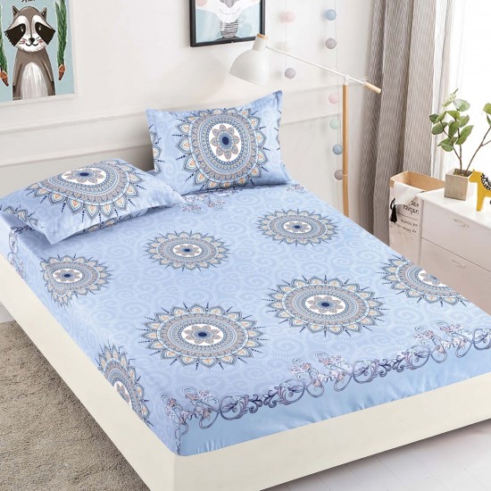 Husa pat cu elastic, Bumbac FINET, 180x200cm, 2 fete de perne 50x70cm, Blue-Negru, model elegant, HDF-147 Huse Finet 180x200cm
