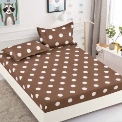 Husa pat cu elastic, Bumbac FINET, 180x200cm, 2 fete de perne 50x70cm, Maro-Alb, buline, HDF-153