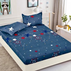 Husa pat cu elastic, Bumbac FINET, 180x200cm, 2 fete de perne 50x70cm, Albastru-Multicolor, stele, HDF-157