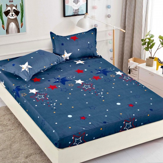 Husa pat cu elastic, Bumbac FINET, 180x200cm, 2 fete de perne 50x70cm, Albastru-Multicolor, stele, HDF-157 Huse Finet 180x200cm
