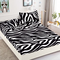 Husa pat cu elastic, Bumbac FINET, 180x200cm, 2 fete de perne 50x70cm, Alb-Negru, zebra, HDF-158