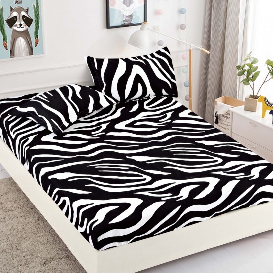Husa pat cu elastic, Bumbac FINET, 180x200cm, 2 fete de perne 50x70cm, Alb-Negru, zebra, HDF-158 Huse Finet 180x200cm