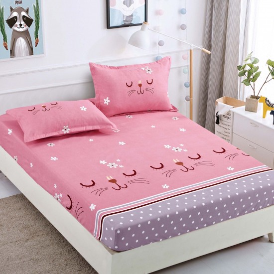 Husa pat cu elastic, Bumbac FINET, 180x200cm, 2 fete de perne 50x70cm, Roz-Gri, pisica, HDF-159 Huse Finet 180x200cm