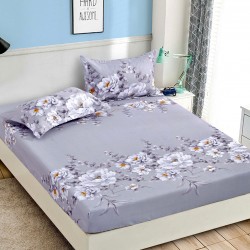 Husa pat cu elastic, Bumbac FINET, 180x200cm, 2 fete de perne 50x70cm, Blue-Alb, flori, HDF-161