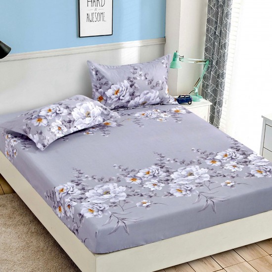 Husa pat cu elastic, Bumbac FINET, 180x200cm, 2 fete de perne 50x70cm, Blue-Alb, flori, HDF-161 Huse Finet 180x200cm