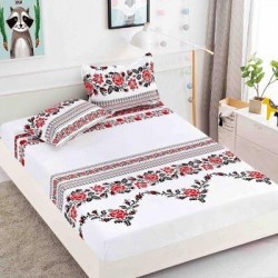 Husa pat cu elastic, Bumbac FINET, 180x200cm, 2 fete de perne 50x70cm, Alb-Rosu-Negru, model traditional, HDF-163