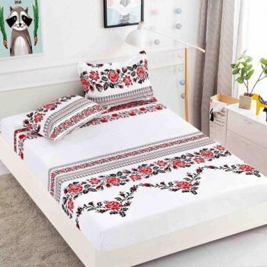 Husa pat cu elastic, Bumbac FINET, 180x200cm, 2 fete de perne 50x70cm, Alb-Rosu-Negru, model traditional, HDF-163 Huse Finet 180x200cm