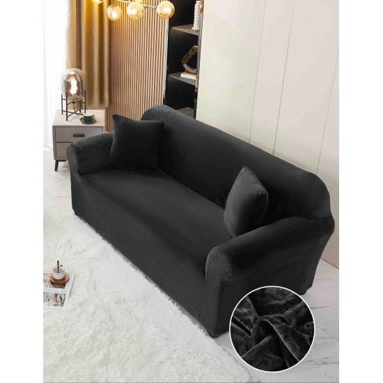Husă Catifea pentru Canapea 2 Locuri – Elastică, Moale, Elegantă, Negru, HCC-046 Huse Canapea Catifea