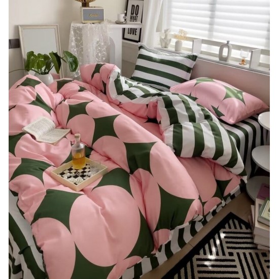 Lenjerie pat dublu, 4 piese, Bumbac Satinat Superior, Roz-Vrede, romburi, OTM-031 Oferta Trio Mix 199