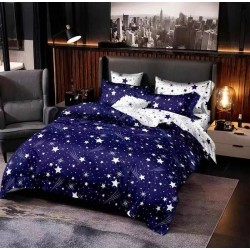 Lenjerie pat dublu, 4 piese, Bumbac Satinat Superior, Albastru-Alb, stele, OTM-028