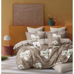 Lenjerie pat dublu, 4 piese, Bumbac Satinat Superior, Alb-Bej, flori, OLBS-033