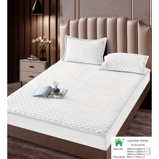 Husă/topper pat 140x200 cu elastic–Catifea moale, model geometric–Alb, HTC-033 Husa/Topper cu ELASTIC 140-200 cm