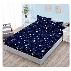 Husa pat cu elastic, Bumbac FINET, 180x200cm, 2 fete de perne 50x70cm, Albastru-Alb, stele, OHT-010