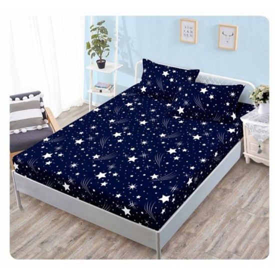Husa pat cu elastic, Bumbac FINET, 180x200cm, 2 fete de perne 50x70cm, Albastru-Alb, stele, OHT-010 3 huse la 159 lei
