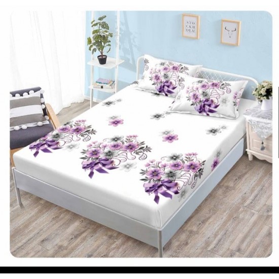 Husa pat cu elastic, Bumbac FINET, 180x200cm, 2 fete de perne 50x70cm, Alb-Mov, flori, OHT-011 3 huse la 159 lei