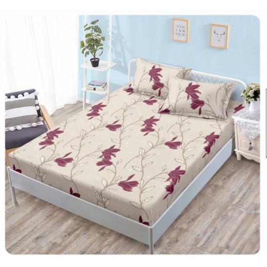 Husa pat cu elastic, Bumbac FINET, 180x200cm, 2 fete de perne 50x70cm, Bej-Rosu, flori, OHT-015 3 huse la 159 lei