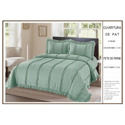 Cuvertura cu volanase pentru pat dublu din Bumbac Satinat, 230x250cm, plus 2 fete de perna, Verde, CBS-041