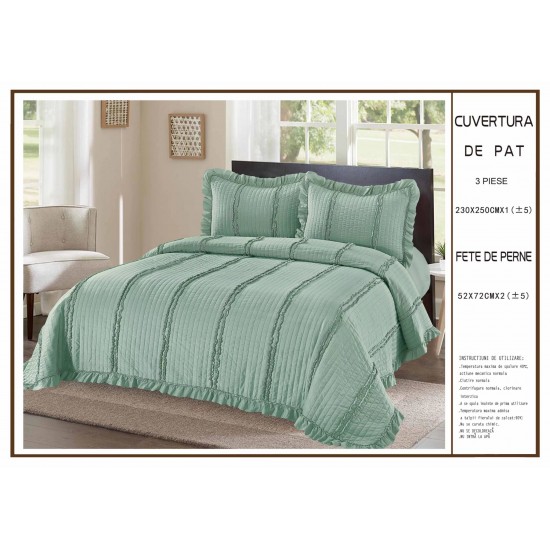 Cuvertura cu volanase pentru pat dublu din Bumbac Satinat, 230x250cm, plus 2 fete de perna, Verde, CBS-041 Cuverturi 3 piese Uni Bumbac-Satinat