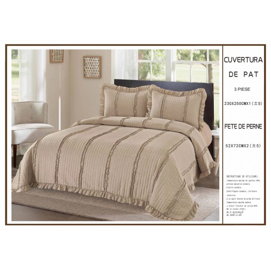 Cuvertura cu volanase pentru pat dublu din Bumbac Satinat, 230x250cm, plus 2 fete de perna, Maro inchis, CBS-042 Cuverturi 3 piese Uni Bumbac-Satinat