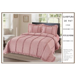 Cuvertura cu volanase pentru pat dublu din Bumbac Satinat, 230x250cm, plus 2 fete de perna, Roz, CBS-043