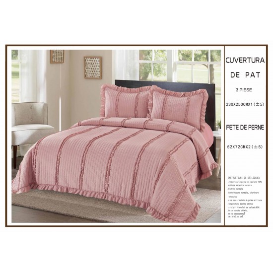 Cuvertura cu volanase pentru pat dublu din Bumbac Satinat, 230x250cm, plus 2 fete de perna, Roz, CBS-043 Cuverturi 3 piese Uni Bumbac-Satinat