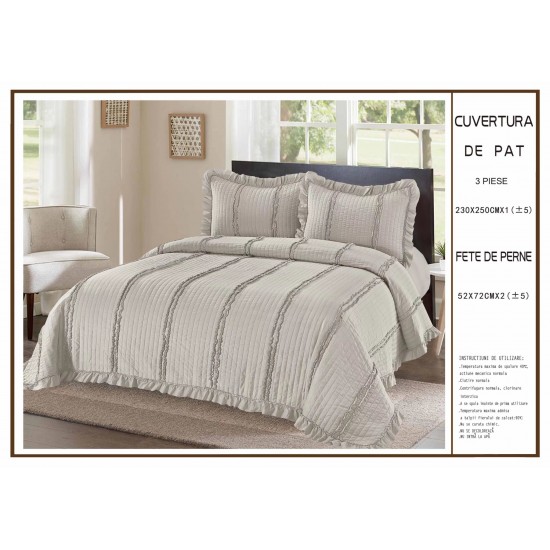 Cuvertura cu volanase pentru pat dublu din Bumbac Satinat, 230x250cm, plus 2 fete de perna, Gri, CBS-044 Cuverturi 3 piese Uni Bumbac-Satinat