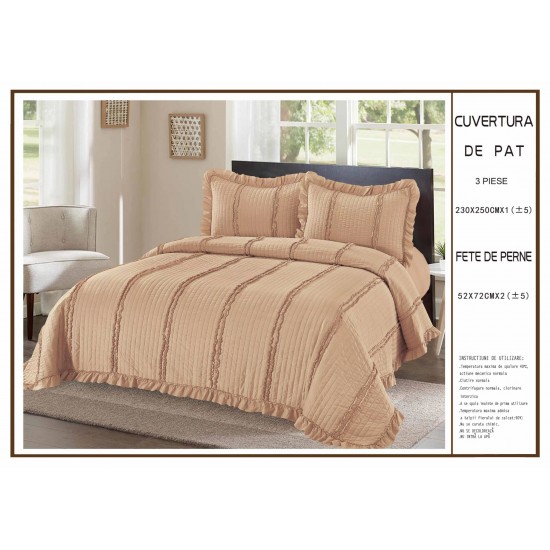 Cuvertura cu volanase pentru pat dublu din Bumbac Satinat, 230x250cm, plus 2 fete de perna, Bej, CBS-045 Cuverturi 3 piese Uni Bumbac-Satinat