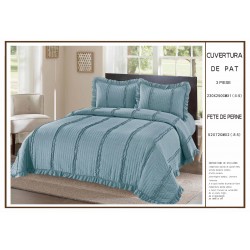 Cuvertura cu volanase pentru pat dublu din Bumbac Satinat, 230x250cm, plus 2 fete de perna, Albastru, CBS-046