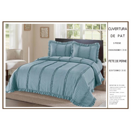 Cuvertura cu volanase pentru pat dublu din Bumbac Satinat, 230x250cm, plus 2 fete de perna, Albastru, CBS-046 Cuverturi 3 piese Uni Bumbac-Satinat