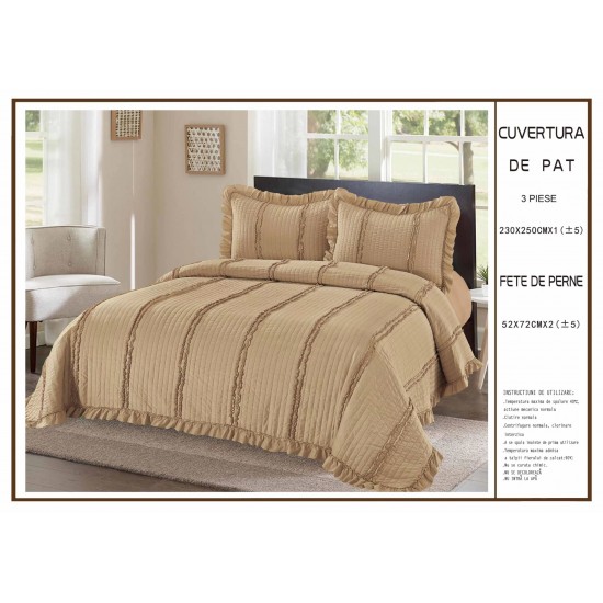 Cuvertura cu volanase pentru pat dublu din Bumbac Satinat, 230x250cm, plus 2 fete de perna, Maro deschis, CBS-047 Cuverturi 3 piese Uni Bumbac-Satinat Cuvertura cu volanase pentru pat dublu din Bumbac Satinat, 230x250cm, plus 2 fete de perna, Maro deschis, CBS-047 Cuverturi 3 piese Uni Bumbac-Satinat