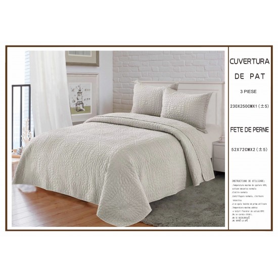Cuvertura pentru pat dublu din Bumbac Satinat, 230x250cm, plus 2 fete de perna, Gri, CBS-052 Cuverturi 3 piese Uni Bumbac-Satinat