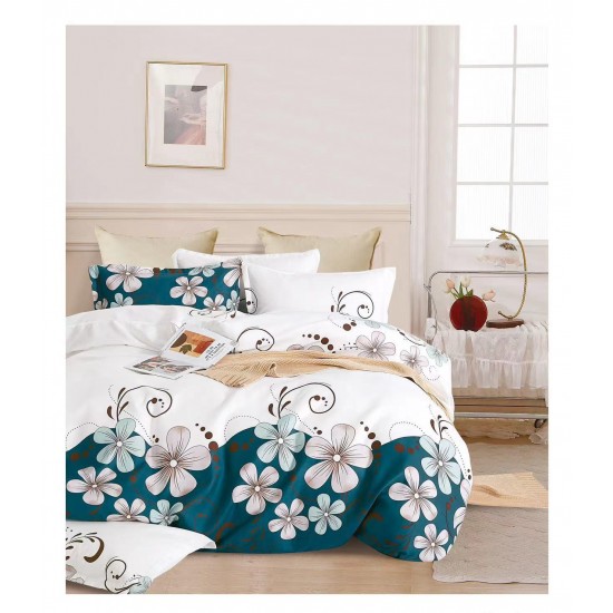 Set Lenjerie de Pat din Finet cu 2 Fete, 6 Piese, Pat 2 Persoane, Alb-Verde, flori, OLD-041 Oferta duo bumbac-finet