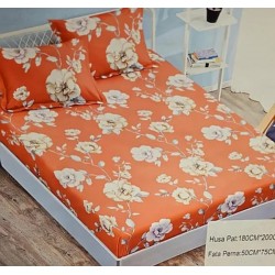 Husa pat cu elastic, Bumbac FINET, 160x200cm, 2 fete de perne 50x70cm, Portocaliu-Alb, flori, OHT-025