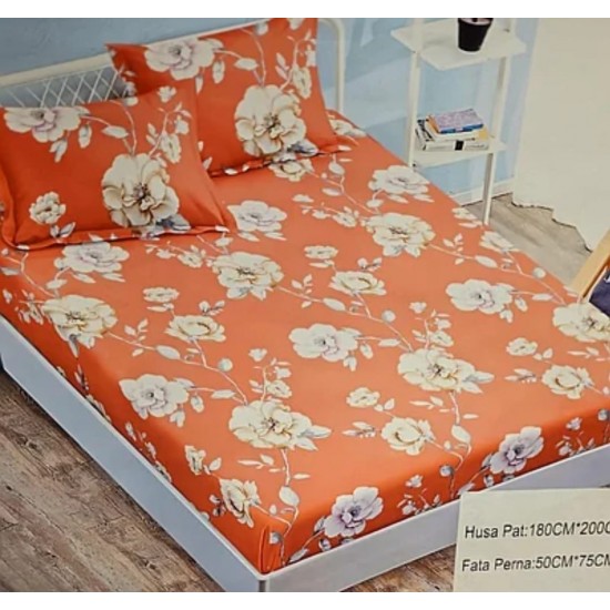 Husa pat cu elastic, Bumbac FINET, 160x200cm, 2 fete de perne 50x70cm, Portocaliu-Alb, flori, OHT-025 3 huse la 159 lei