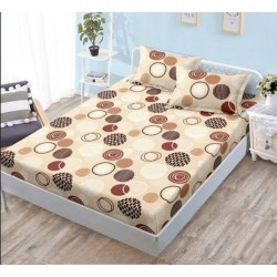 Husa pat cu elastic, Bumbac FINET, 160x200cm, 2 fete de perne 50x70cm, Maro-Bej, cercuri, OHT-028