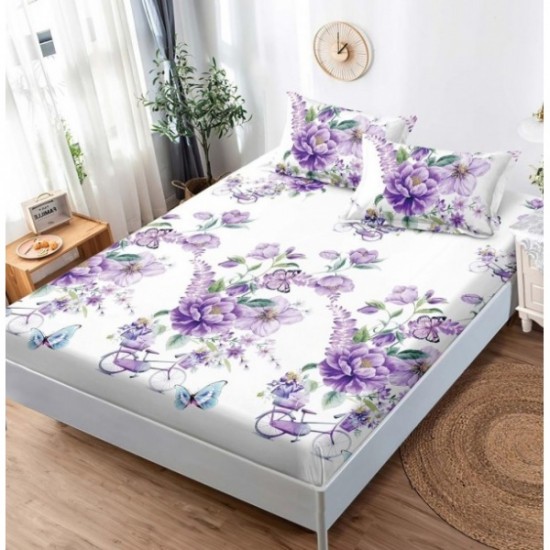 Husa pat cu elastic, Bumbac FINET, 180x200cm, 2 fete de perne 50x70cm, Alb-Multicolor, flori, OHT-036 3 huse la 159 lei