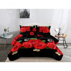 Lenjerie pat dublu, Super Pufoasa COCOLINO, 4 piese, Negru-Rosu, flori, LDC-056