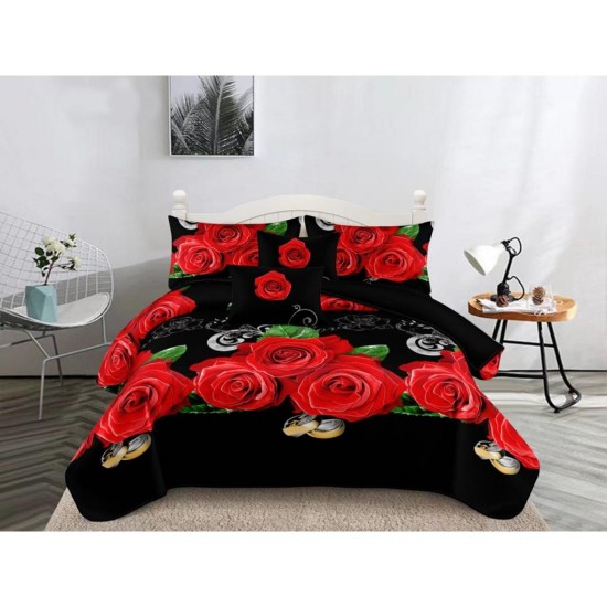 Lenjerie pat dublu, Super Pufoasa COCOLINO, 4 piese, Negru-Rosu, flori, LDC-056 Lenjerii Cocolino 4 piese