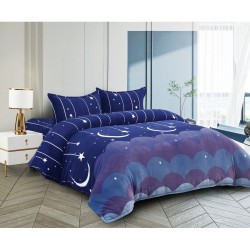 Lenjerie pat dublu, Super Pufoasa COCOLINO, 4 piese, Albastru-Alb, stele, luna, LDC-044