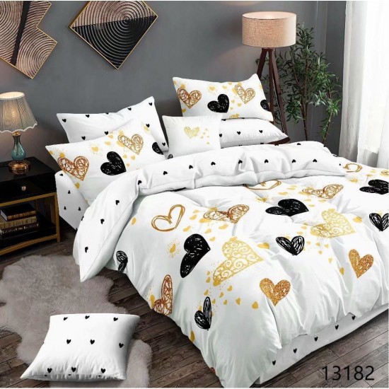 Set Lenjerie de Pat din Finet cu 2 Fete, 6 Piese, Pat 2 Persoane, Alb-Multicolor, inimi, LDF-043 Lenjerii Finet 6 piese