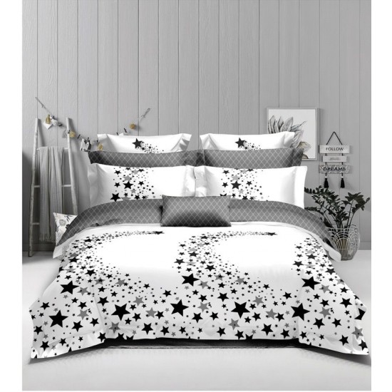 Set Lenjerie de Pat din Finet cu 2 Fete, 6 Piese, Pat 2 Persoane, Alb-Negru, stele, LDF-097 Lenjerii Finet 6 piese