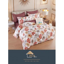 Set Lenjerie de pat din Finet Gros, Cearceaf cu ELASTIC, 6 Piese, Pat 2 Persoane, Alb-Maro, flori, LDE-180