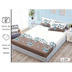 Husa pat cu elastic, Bumbac FINET, 180x200cm, 2 fete de perne 50x70cm, Bej-Alb, frunze, OHT-043