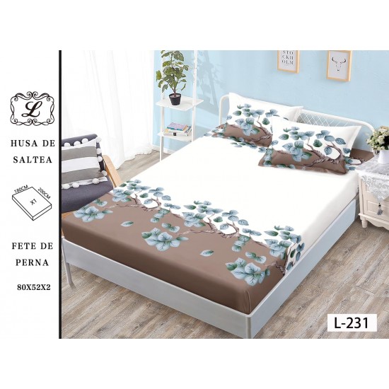 Husa pat cu elastic, Bumbac FINET, 180x200cm, 2 fete de perne 50x70cm, Bej-Alb, frunze, OHT-043 3 huse la 159 lei